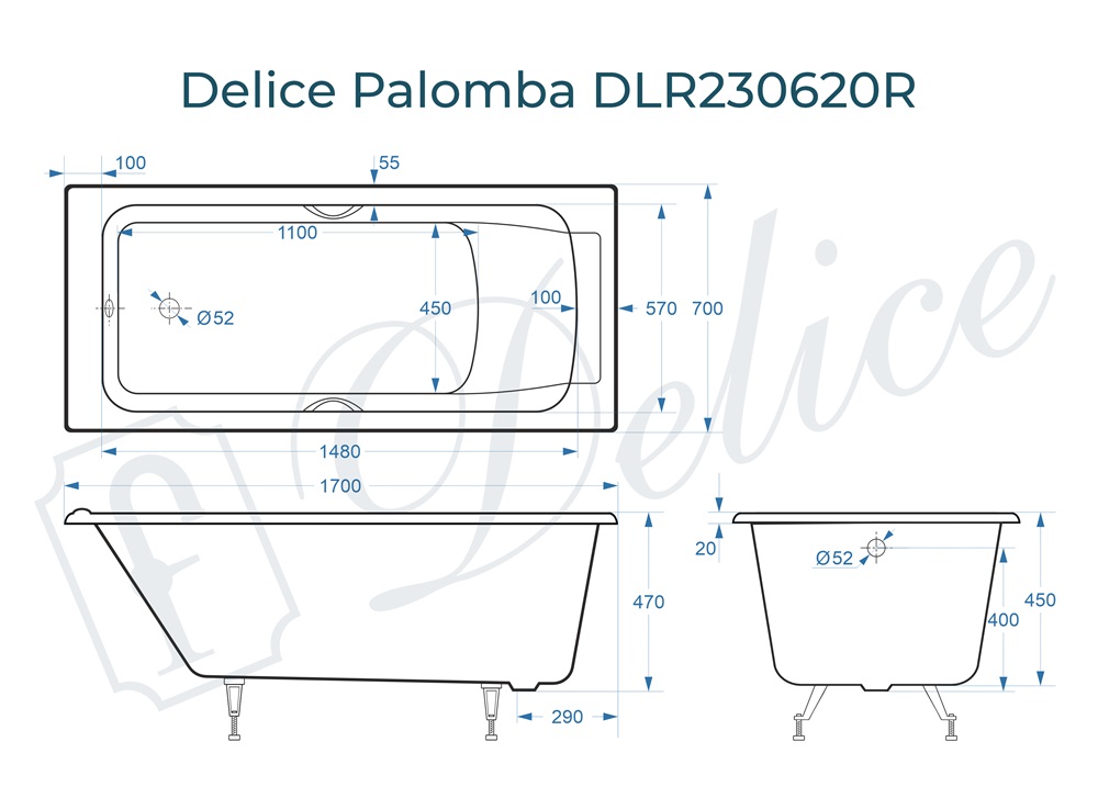 Ванна чугунная Delice Palomba 170х70 DLR230620R с отверстиями под ручки