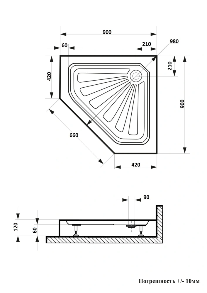 Поддон для душа Ceruttispa P91 90х90 пятиугольный, акриловый, белый от магазина Vanna-Vanna.ru!