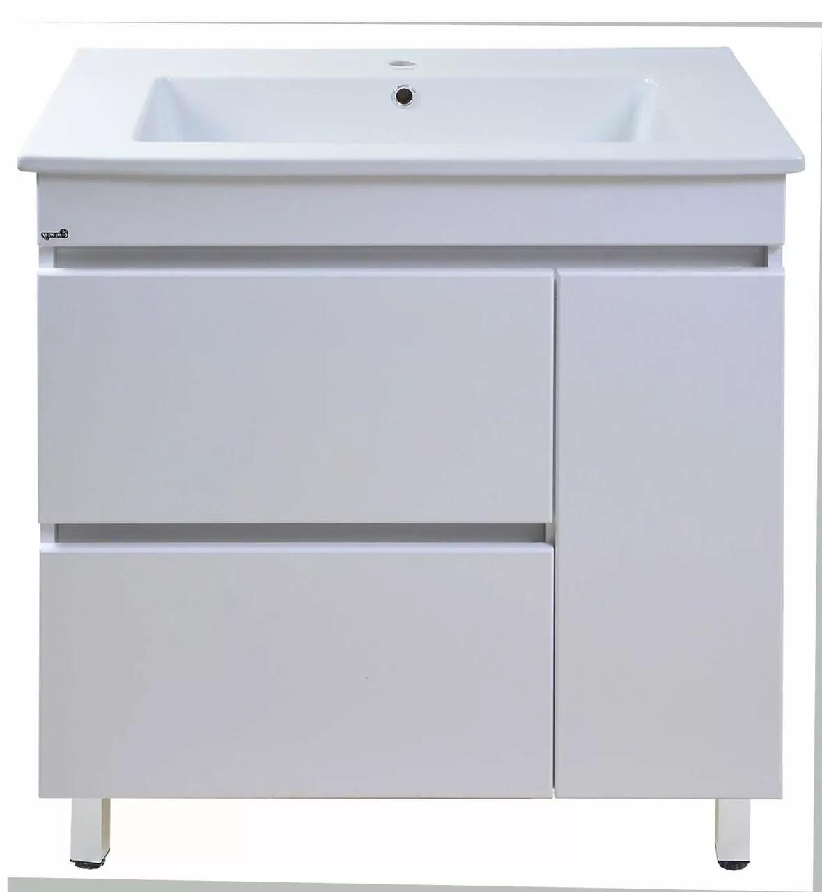 Тумба Emmy Джерси с раковиной Оскар 85 правая, напольная, 2 ящика, 1 дверь, белая