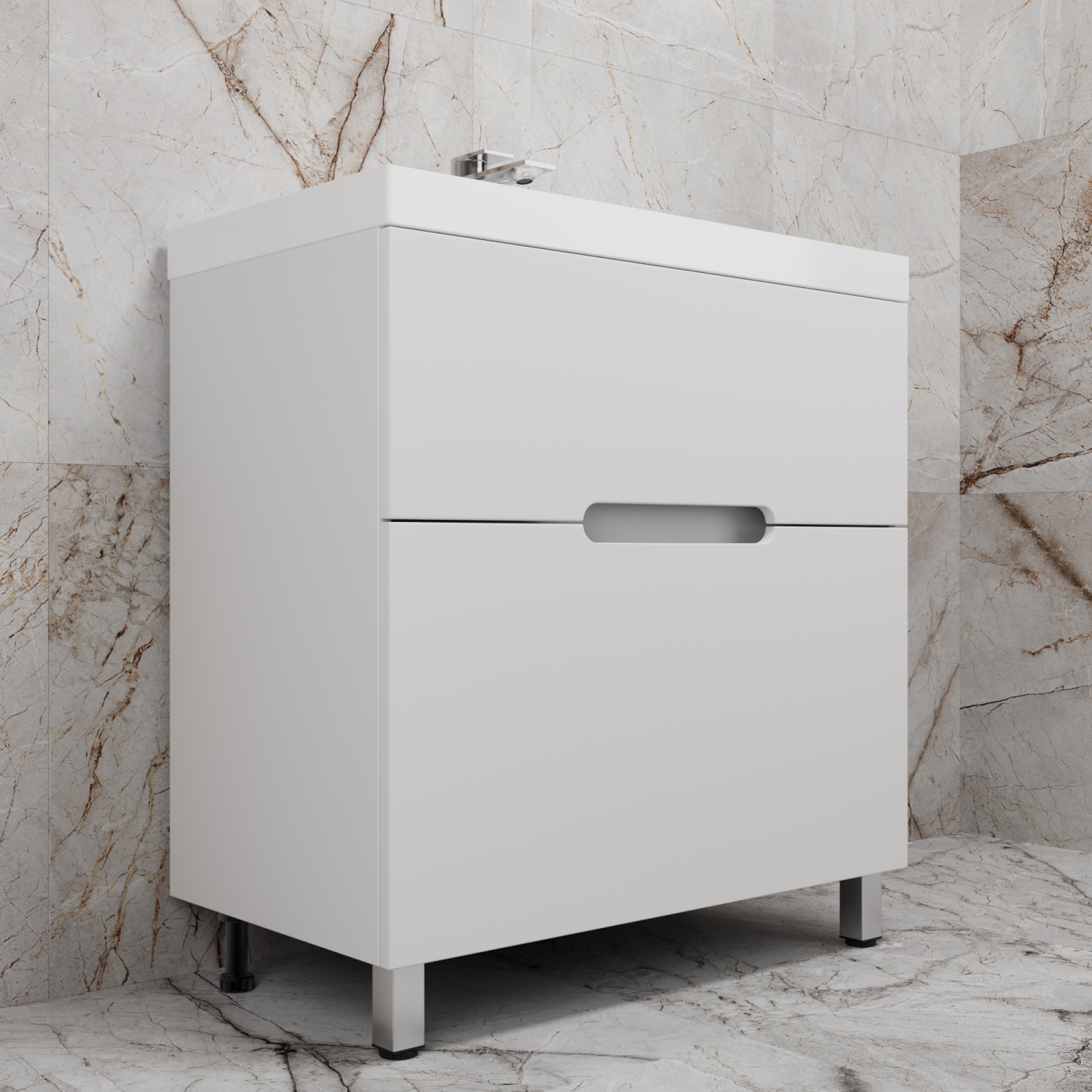 Тумба напольная Style Line "Матис 80" с раковиной ASTI 80 белый, (2 ящика), Белый матовый