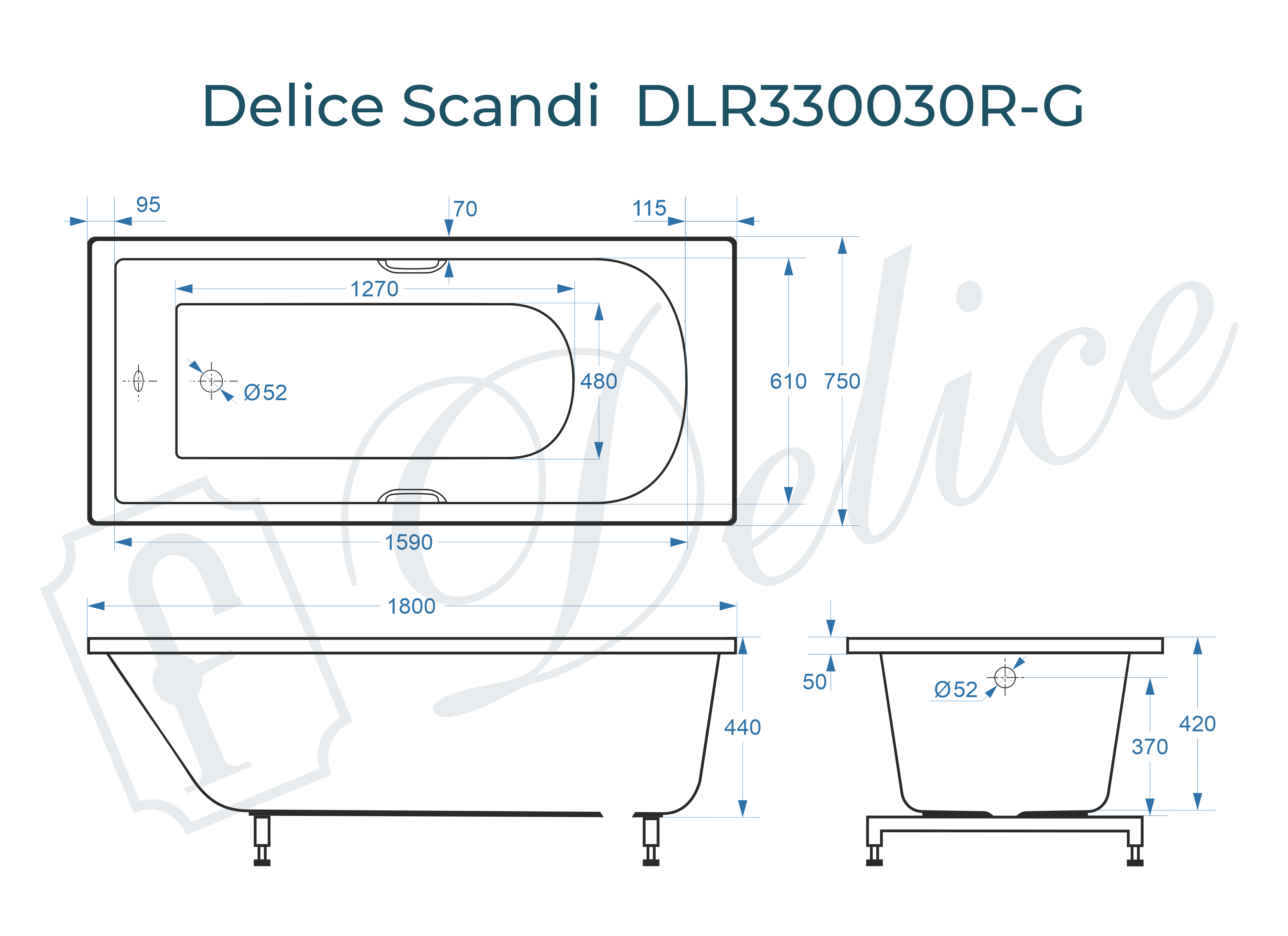 Ванна из литьевого мрамора Delice Scandi 180х75 глянцевая с ручками Хром DLR330030R-G