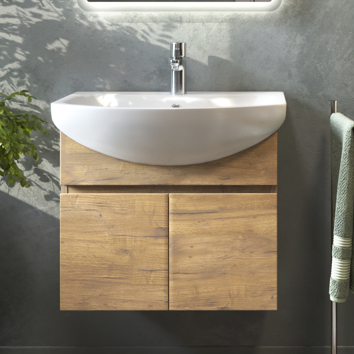 Тумба подвесная Vigo Wing 60 с раковиной Балтика 60, 2 двери, дуб золотой