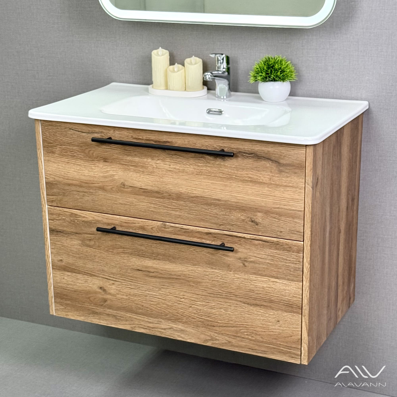 Тумба подвесная Alavann Rondo 80 с раковиной Rado 80, дуб