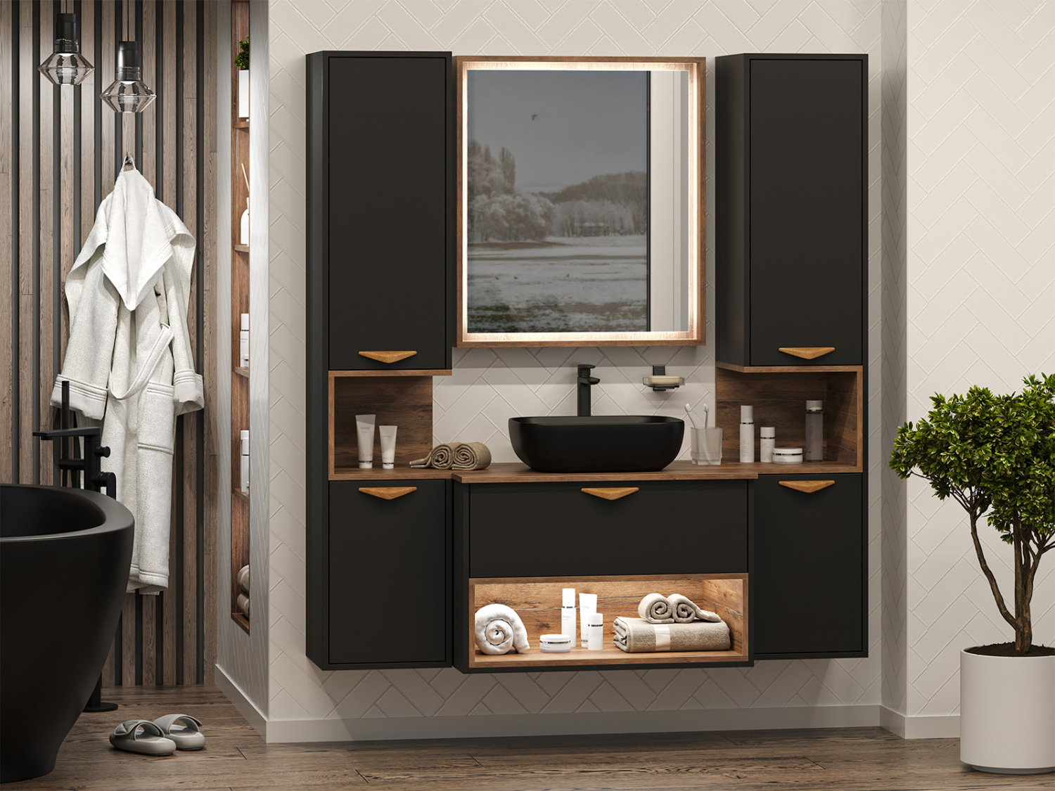 Тумба с раковиной Brevita Bergen 80 с подсветкой подвесная, черный/дуб галифакс