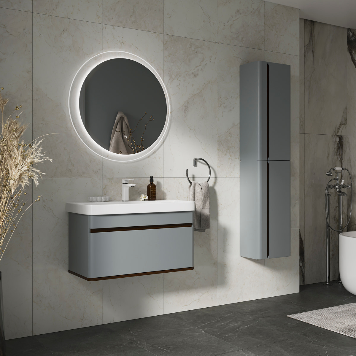 Тумба подвесная EQUIL Elegante с раковиной Nice 80, 1 ящик, мэйджик/дуб голиано