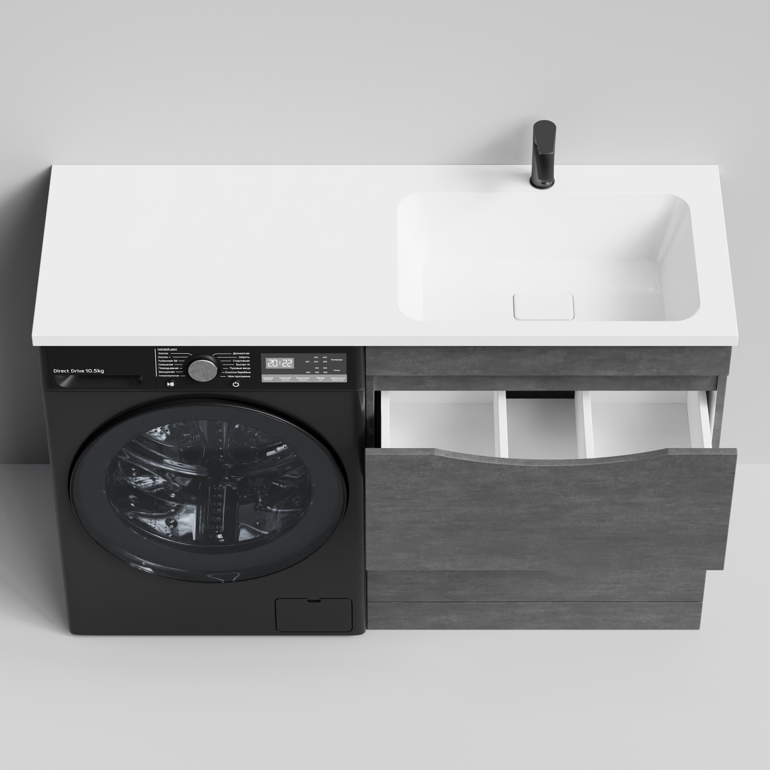 Тумба Vod-ok 68 с раковиной Смайл 130 напольная, под стиральную машину, правая, Серый камень