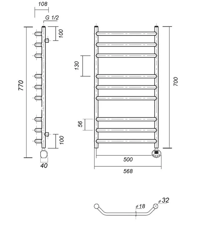 Полотенцесушитель электрический Domoterm Лаура П9 500х700 ER правый, хром