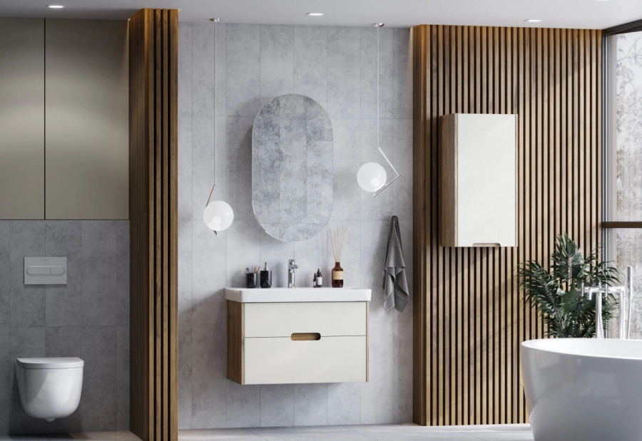 Тумба Aquaton Оливия 80 с раковиной Адриана 80 подвесная, 2 ящика, бежевый, дуб велл