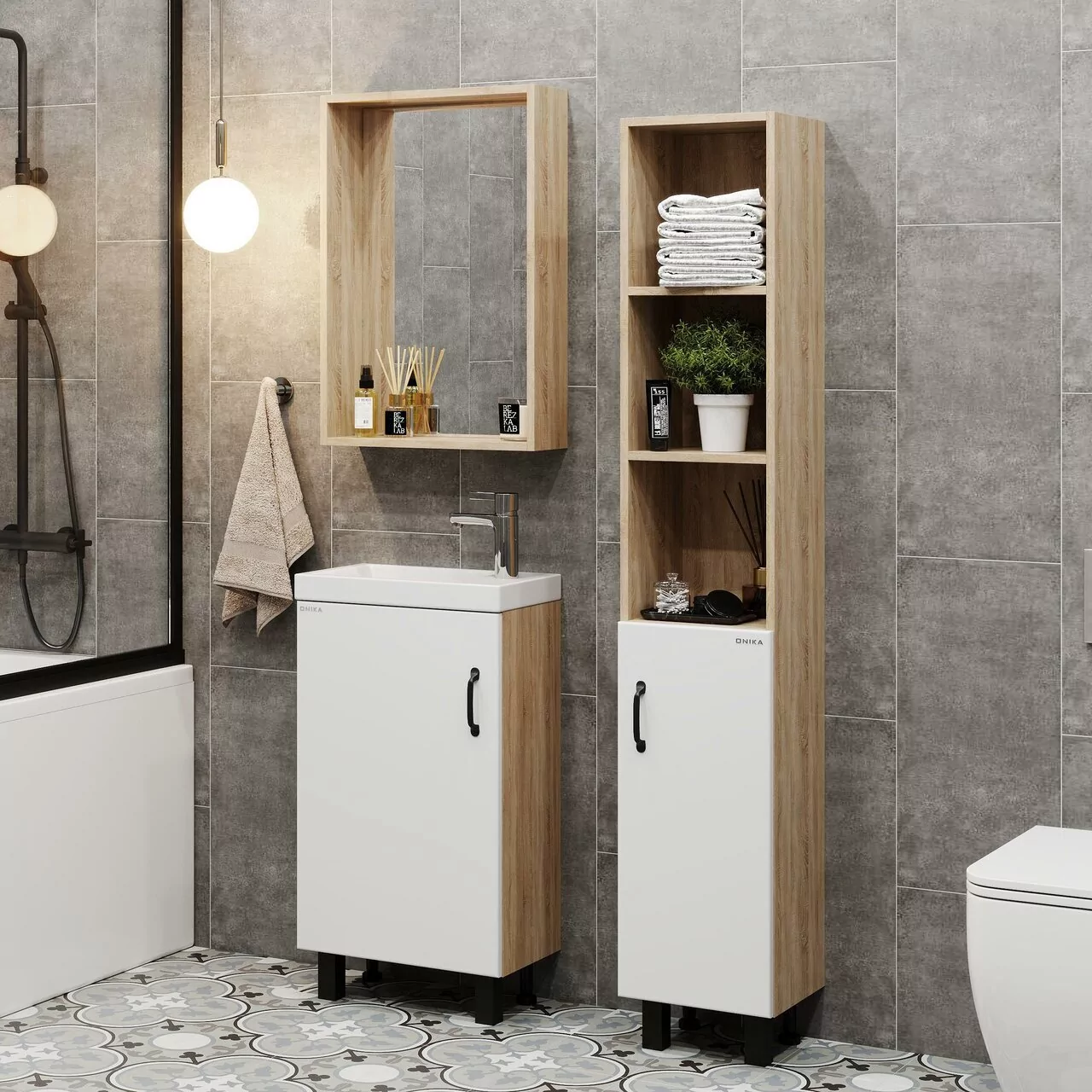 Тумба с раковиной Onika Тимбер 45 напольная, белый матовый/дуб сонома