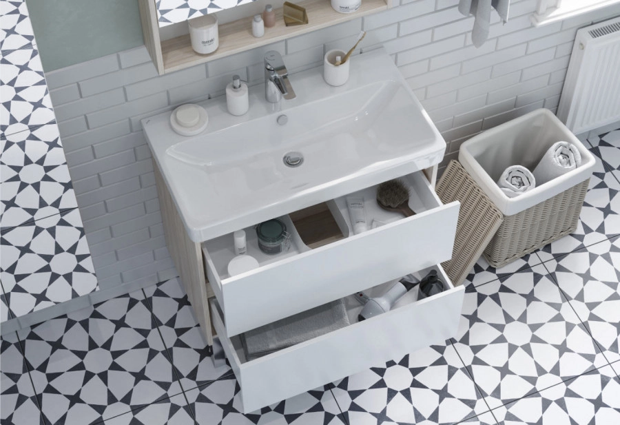 Тумба Aquaton Сканди 80 с раковиной Адриана 80, 2 ящика, подвесная, дуб верона