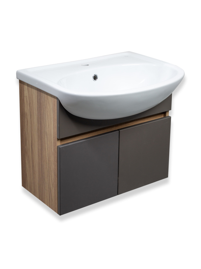 Тумба подвесная Runo Лада 50 с раковиной Уют 50, графит/дуб серый