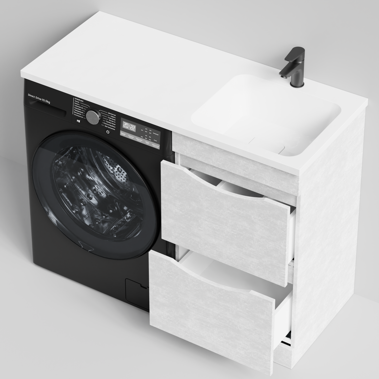 Тумба Vod-ok 48 с раковиной Смайл 110 напольная, под стиральную машину, правая, Белый камень