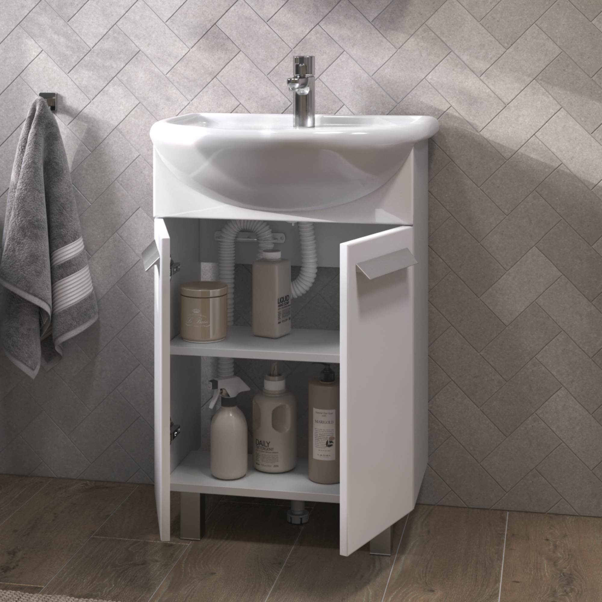 Тумба напольная Vigo Hoska 55 с раковиной Уют 55, 2 двери, белый