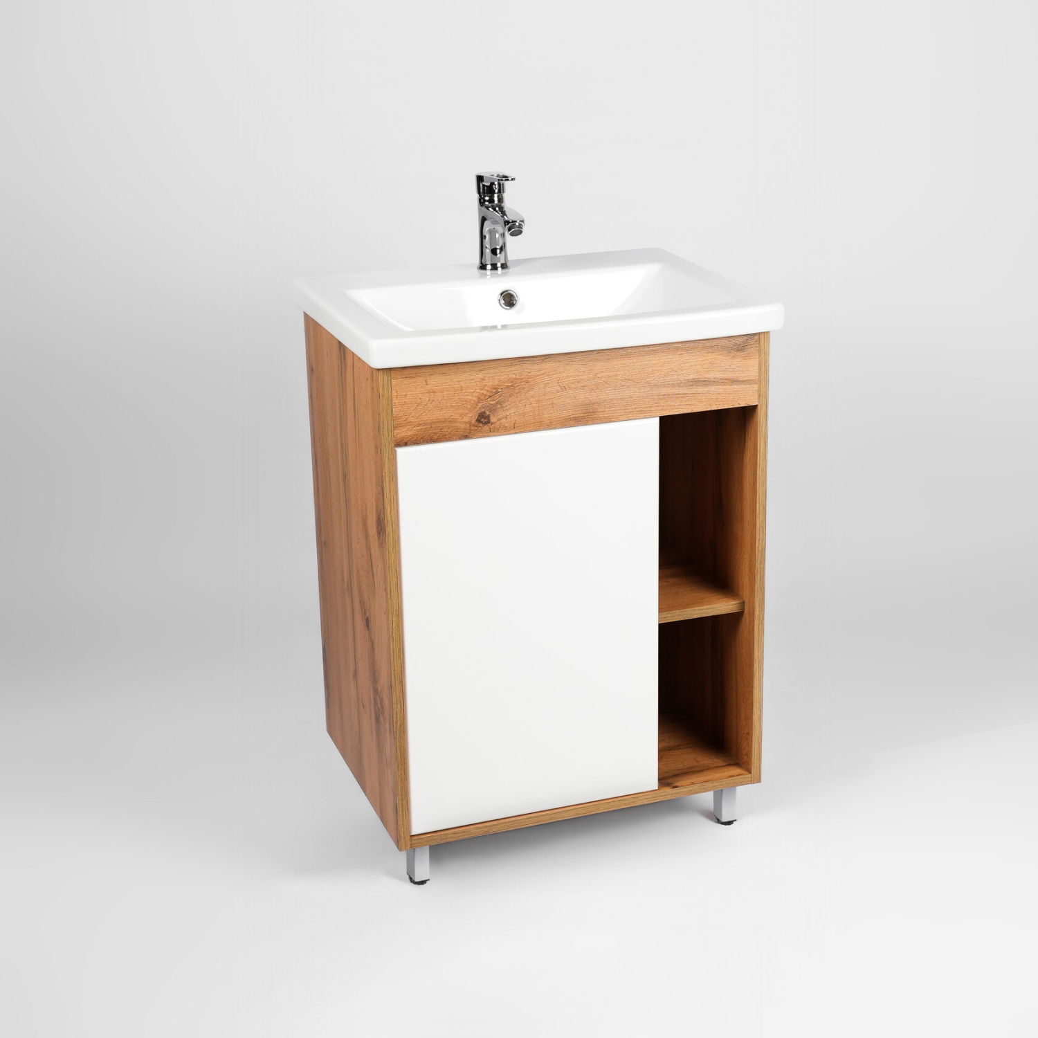 Тумба напольная Viant Бостон 50 с раковиной Como 50, 1 дверь, белый/дуб вотан