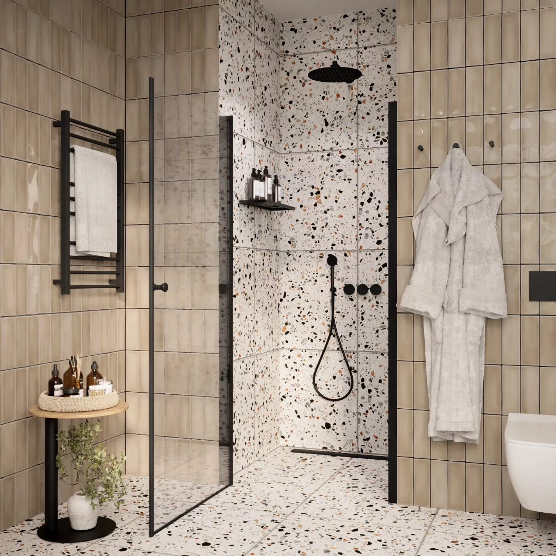 Душевая дверь Parly DE90B 90х185 в нишу, распашная, прозрачная с рисунком, профиль черный