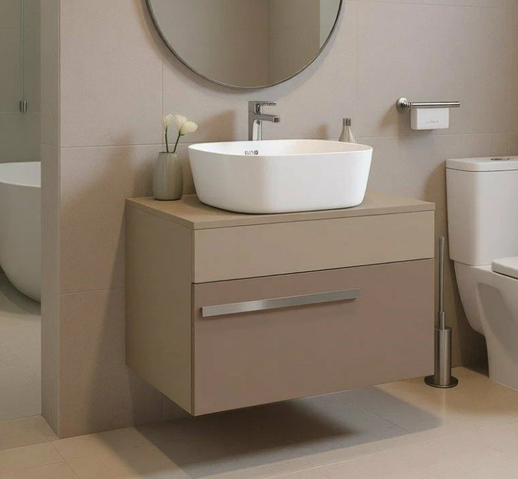 Тумба подвесная Runo Вудлайн 65 с раковиной Bella 41 квадратная, розовый/бежевый