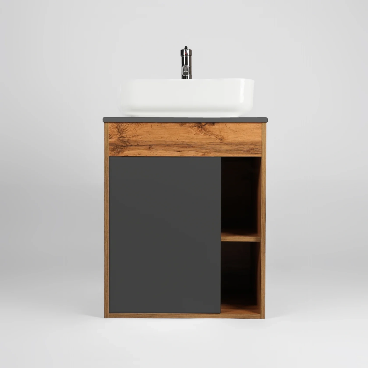 Тумба подвесная Viant Бостон 56 с раковиной Moduo 50, 1 дверь, графит/дуб вотан