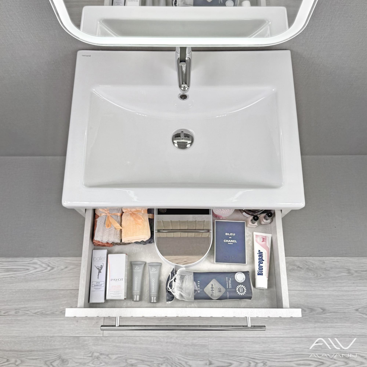 Тумба подвесная Alavann Emma 60 с раковиной Como 60, серый бетон