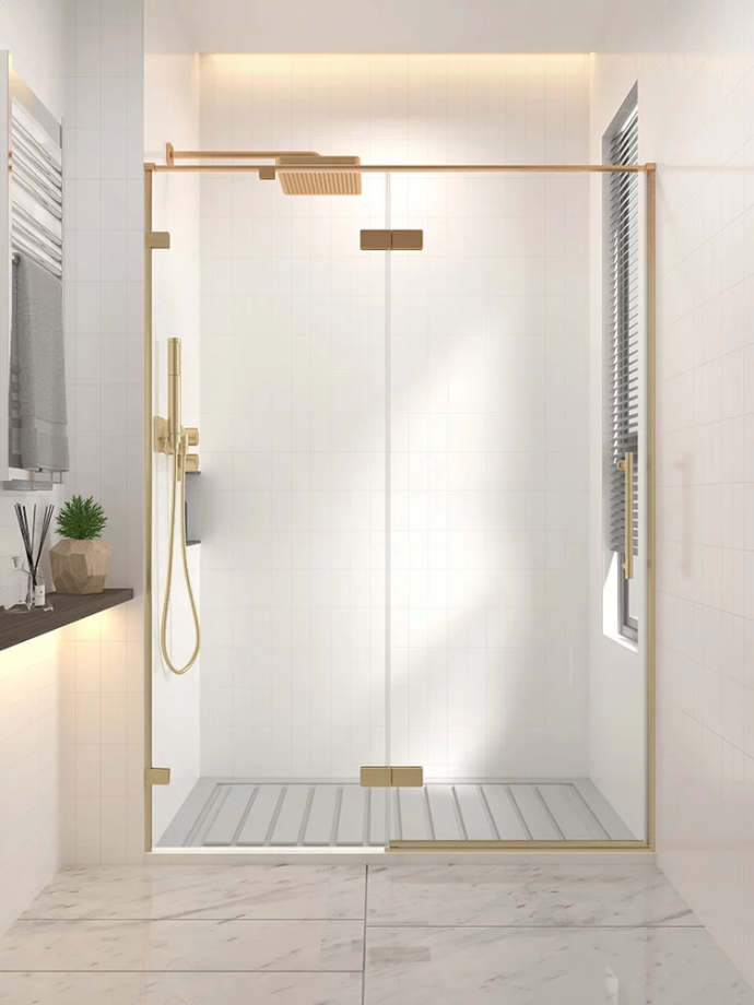 Душевая дверь распашная Veconi Premium Alassio G, 1400х2000, брашированное золото, стекло прозрачное осветленное Душевая дверь распашная Veconi Premium Alassio G, 1400х2000, брашированное золото, стекло прозрачное осветленное