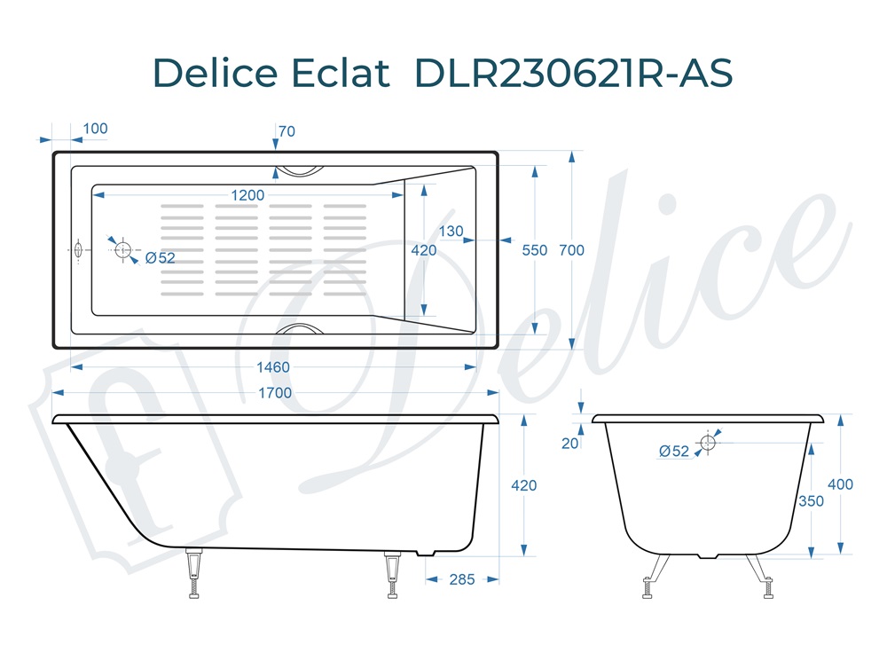 Ванна чугунная Delice Eclat 170х70 DLR230621R-AS с отверстиями под ручки и антискользящим покрытием