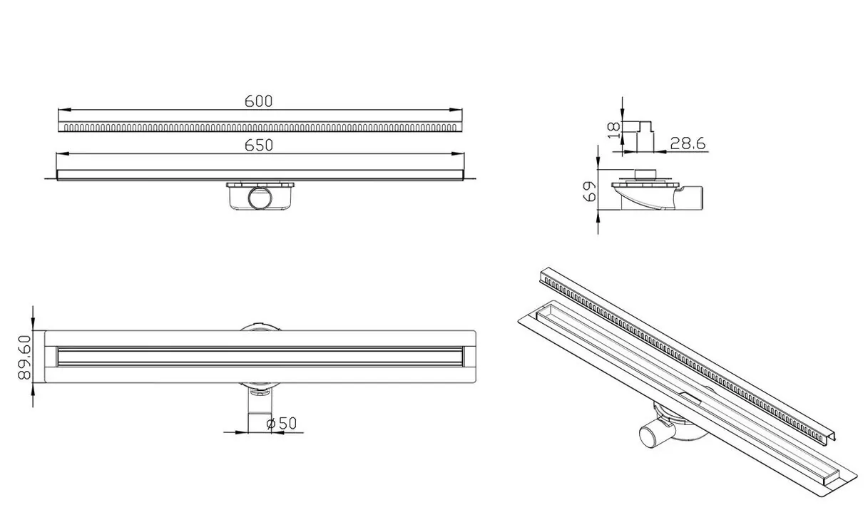 Душевой лоток ALMAes Bajo 600 BG60BL с решеткой, хром