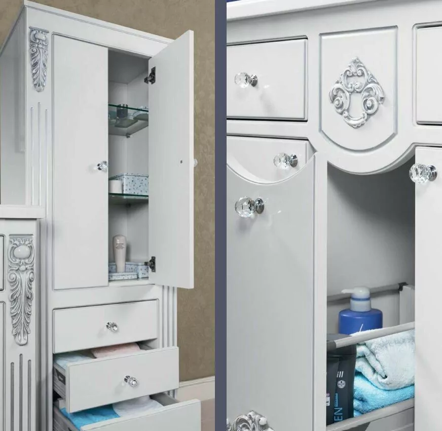 Пенал Vod-ok Elite Версаль 60 H180 напольный, 2 двери, белый, патина серебро, золото