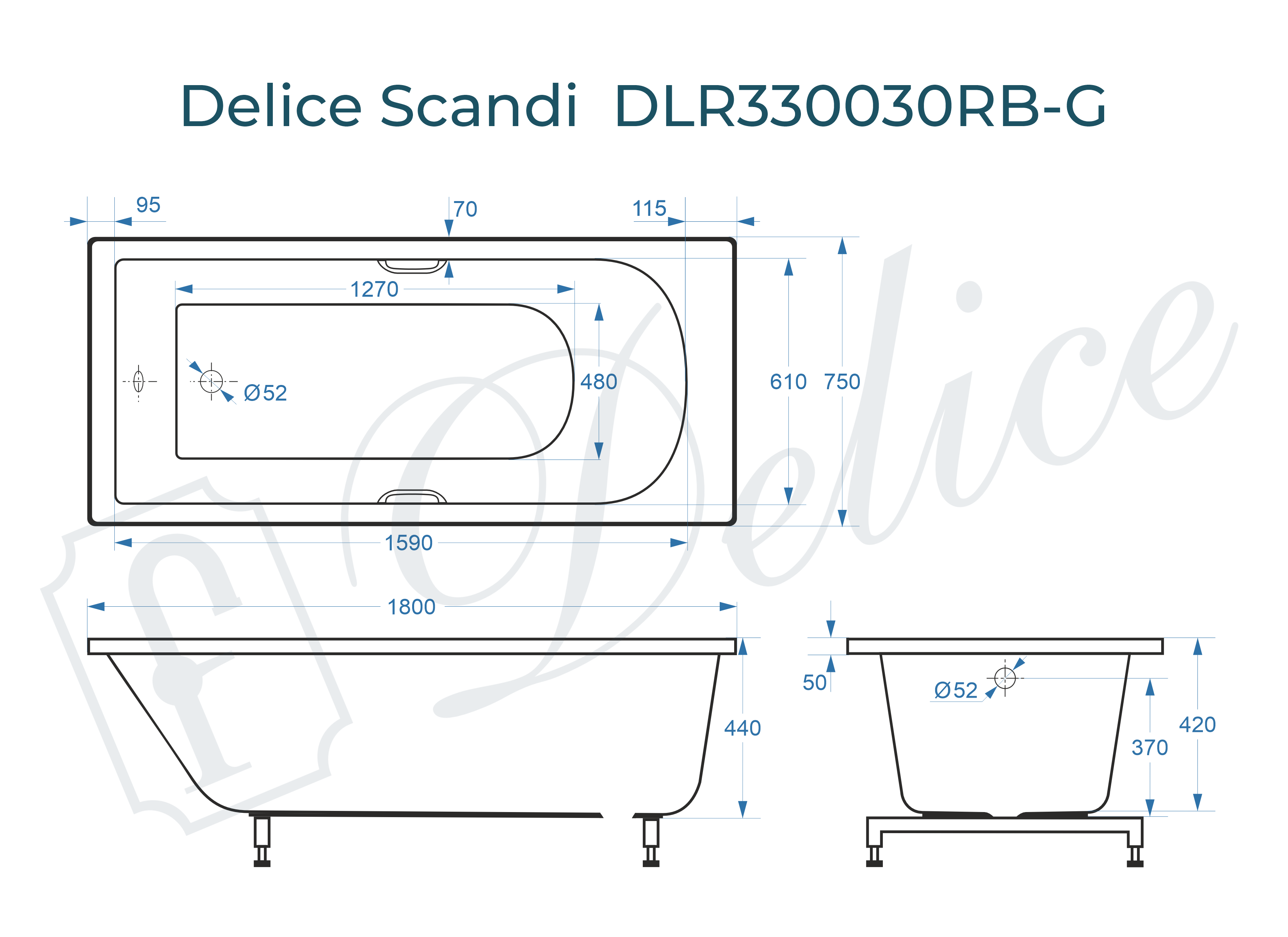 Ванна из литьевого мрамора Delice Scandi 180х75 глянцевая с черными ручками DLR330030RB-G