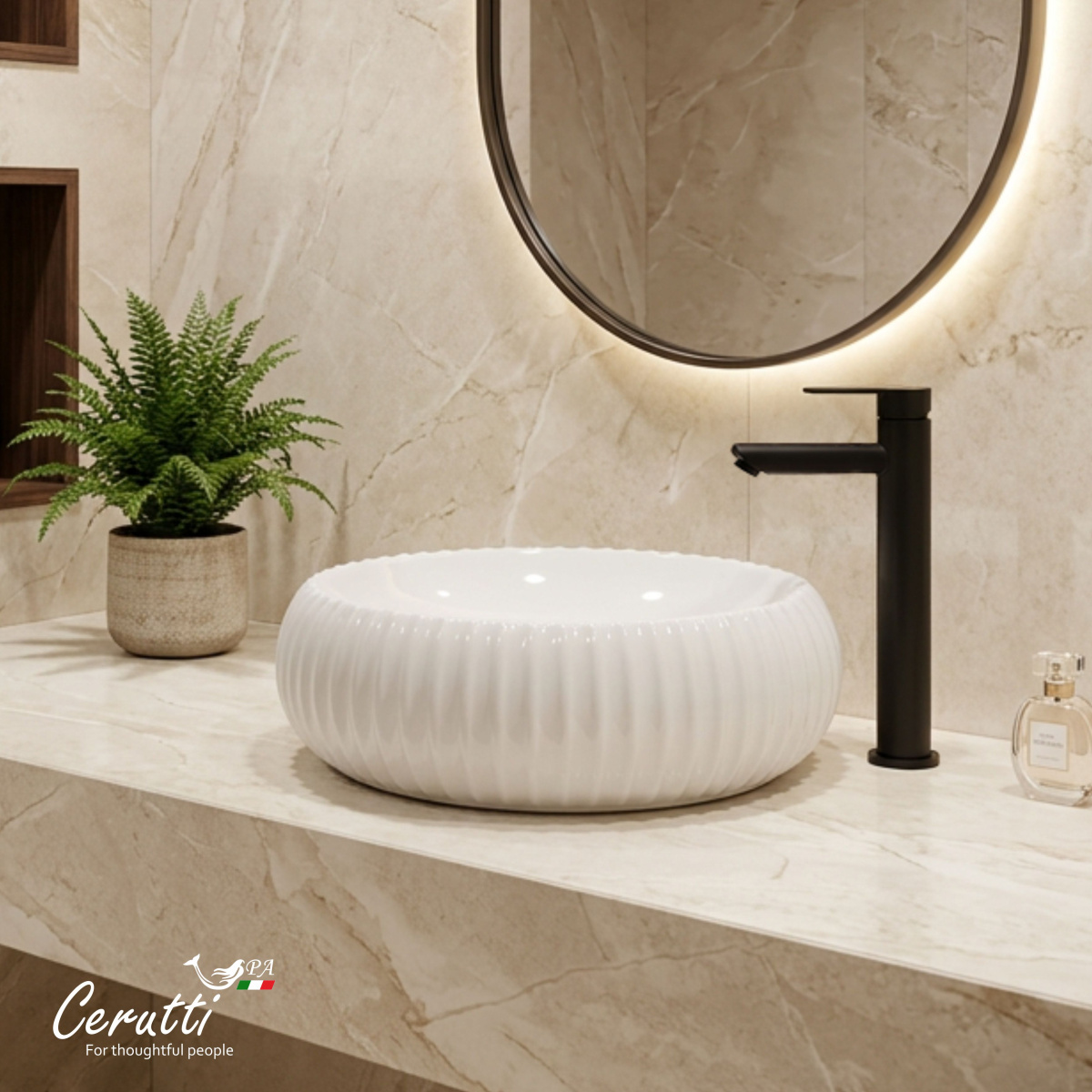Раковина Ceruttispa CR0007 накладная, белая, круглая, ребристая 405х405х130 от магазина Vanna-Vanna.ru!