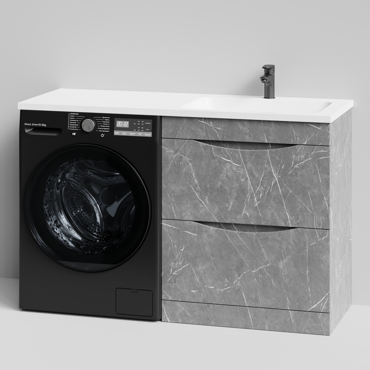 Тумба Vod-ok 68 с раковиной Смайл 130 напольная, под стиральную машину, правая, Мрамор Серый софт тач