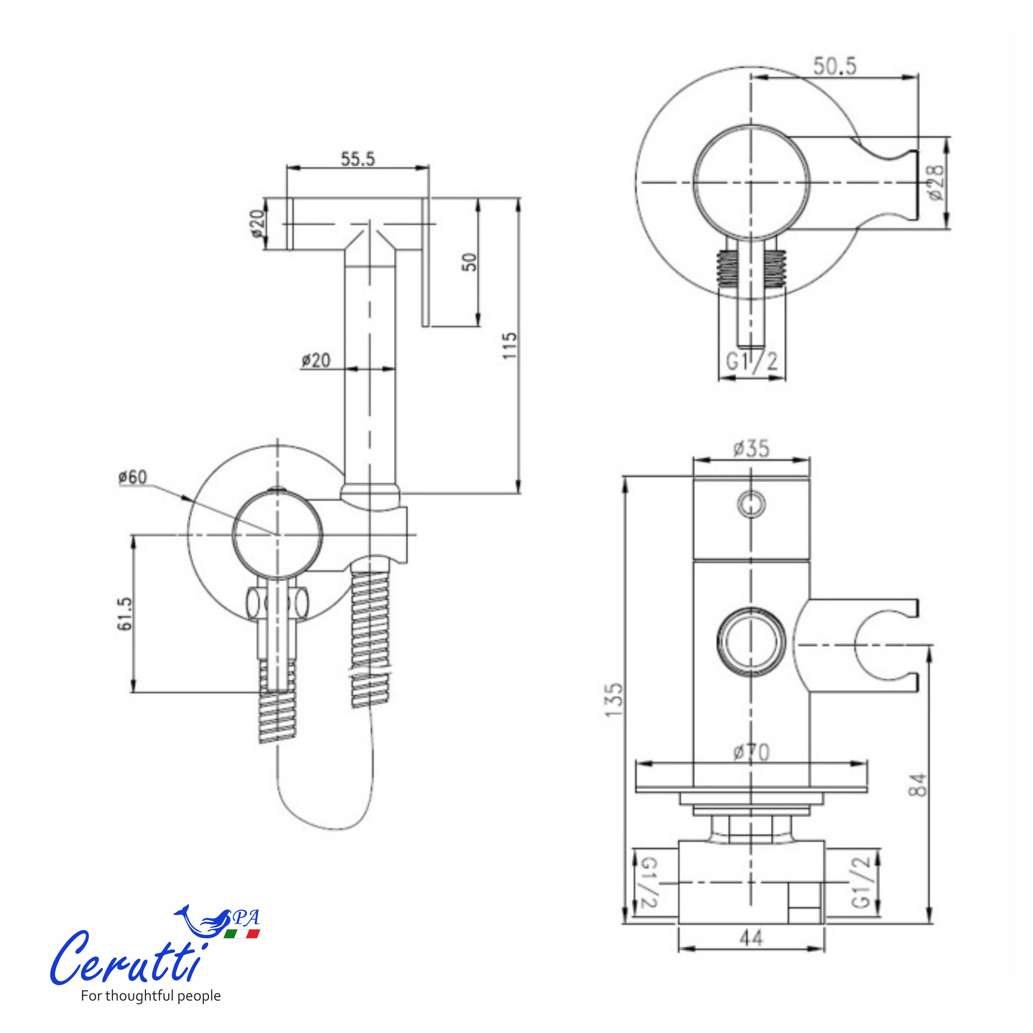 Смеситель с гигиеническим душем Ceruttispa Брайс SH (BRAIES SH) из латуни с шлангом 120 см, цвет хром