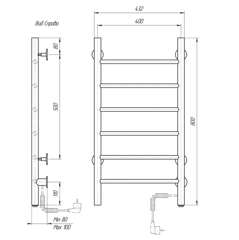 Полотенцесушитель электрический Domoterm Аврора 109-6 40х80 EK R правый, хром