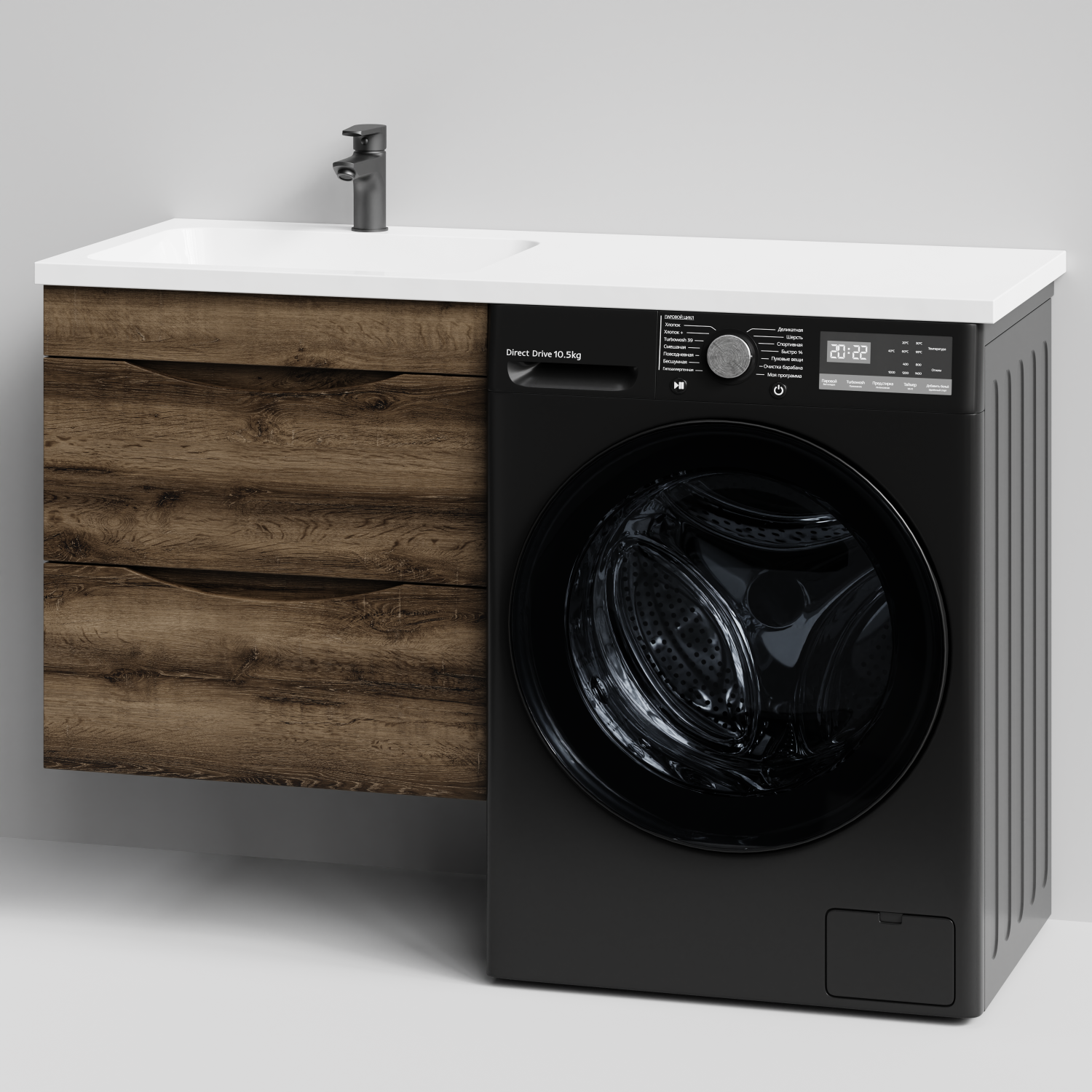 Тумба Vod-ok 58 с раковиной Смайл 120 подвесная, под стиральную машину, левая, Дуб крымский коричневый