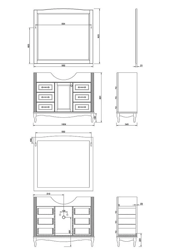 Тумба напольная ValenHouse Эллина 105/2 с раковиной Классик 105, 1 дверь, 6 ящиков, кальяри, бронза