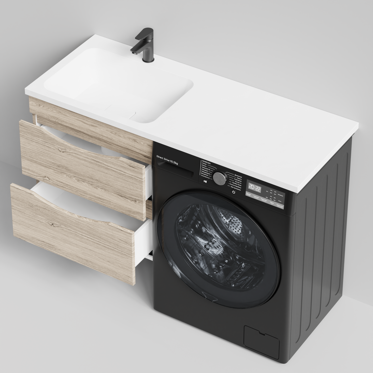 Тумба Vod-ok 58 с раковиной Смайл 120 подвесная, под стиральную машину, левая, Дубослив ореховый светлый