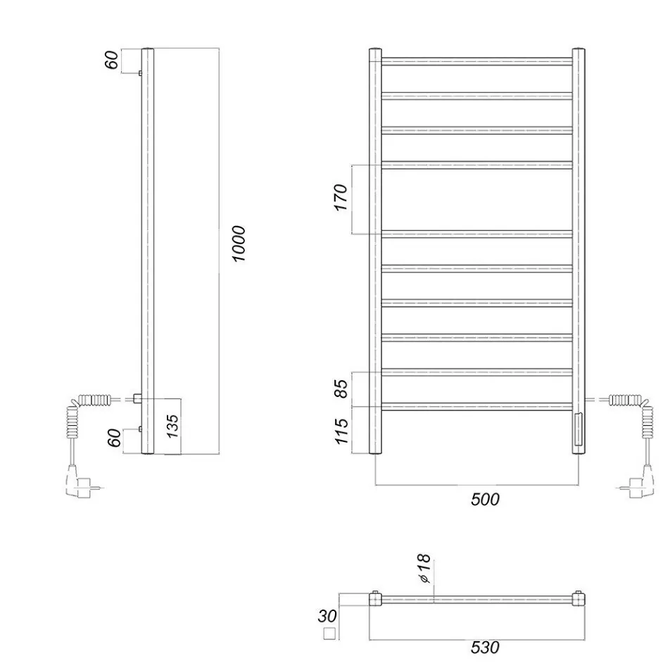 Полотенцесушитель электрический Domoterm Куба П10 500x1000 EK R правый, хром