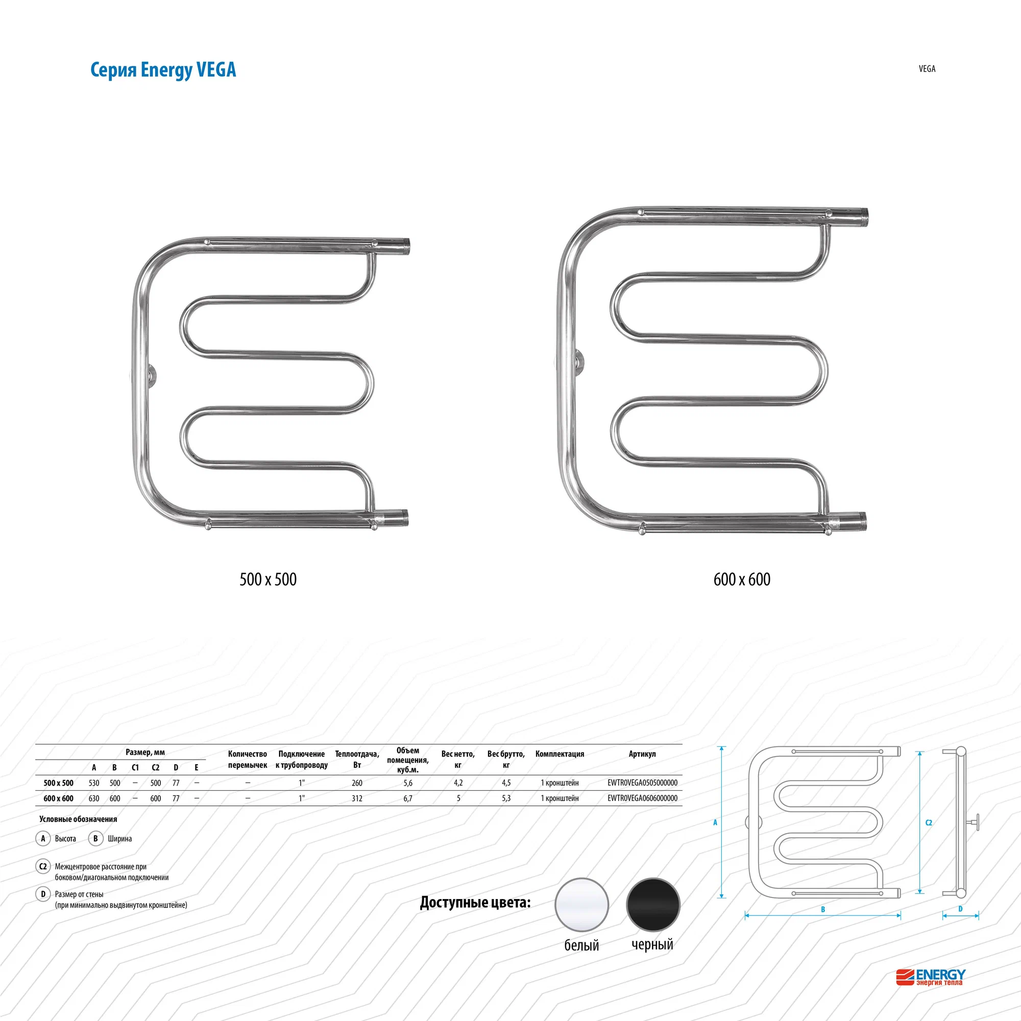 Полотенцесушитель водяной Energy Vega 500x500 черный матовый, с боковым подключением, нержавеющая сталь