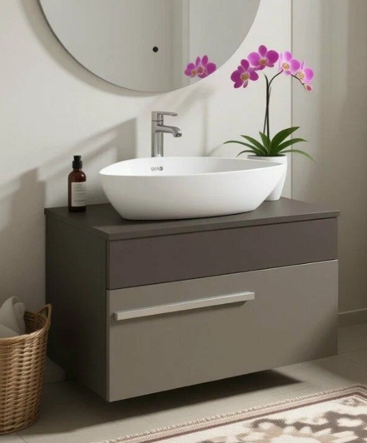 Тумба подвесная Runo Вудлайн 65 с раковиной Bella 41 квадратная, темно-серый/серый