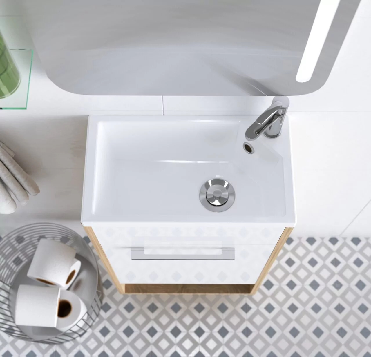 Тумба напольная 1Marka Lira 40Н L с раковиной Poly 40, 1 дверь, белый/дуб сонома