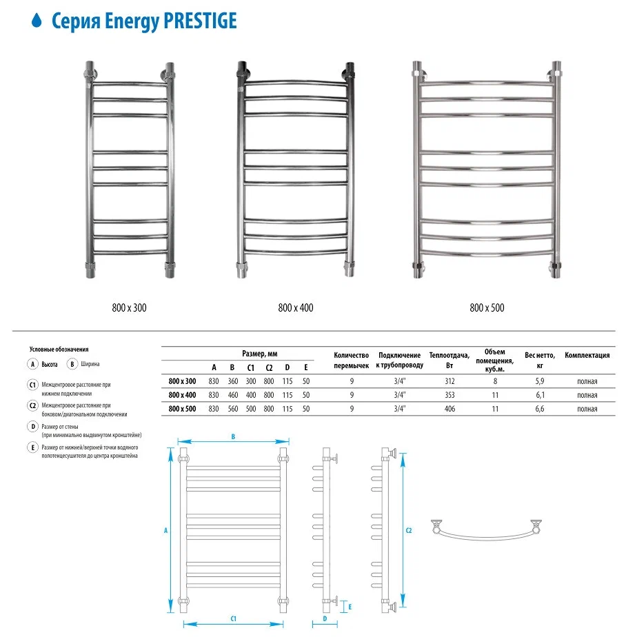 Полотенцесушитель водяной Energy Prestige 800x400 черный матовый, форма лесенка, нержавеющая сталь, подключение 3/4"