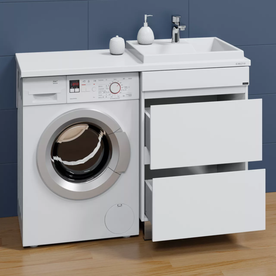 Тумба напольная Санта Марс 59 с раковиной Юпитер 1200 под стиральную машину, 2 ящика, правая, белая