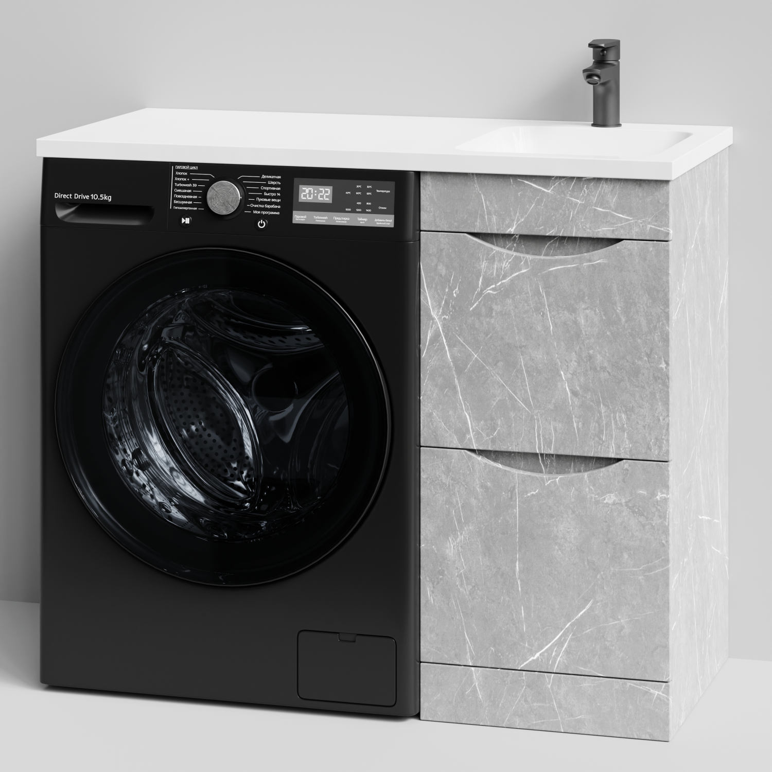 Тумба Vod-ok 38 с раковиной Смайл 100 напольная, под стиральную машину, правая, Мрамор Белый софт тач