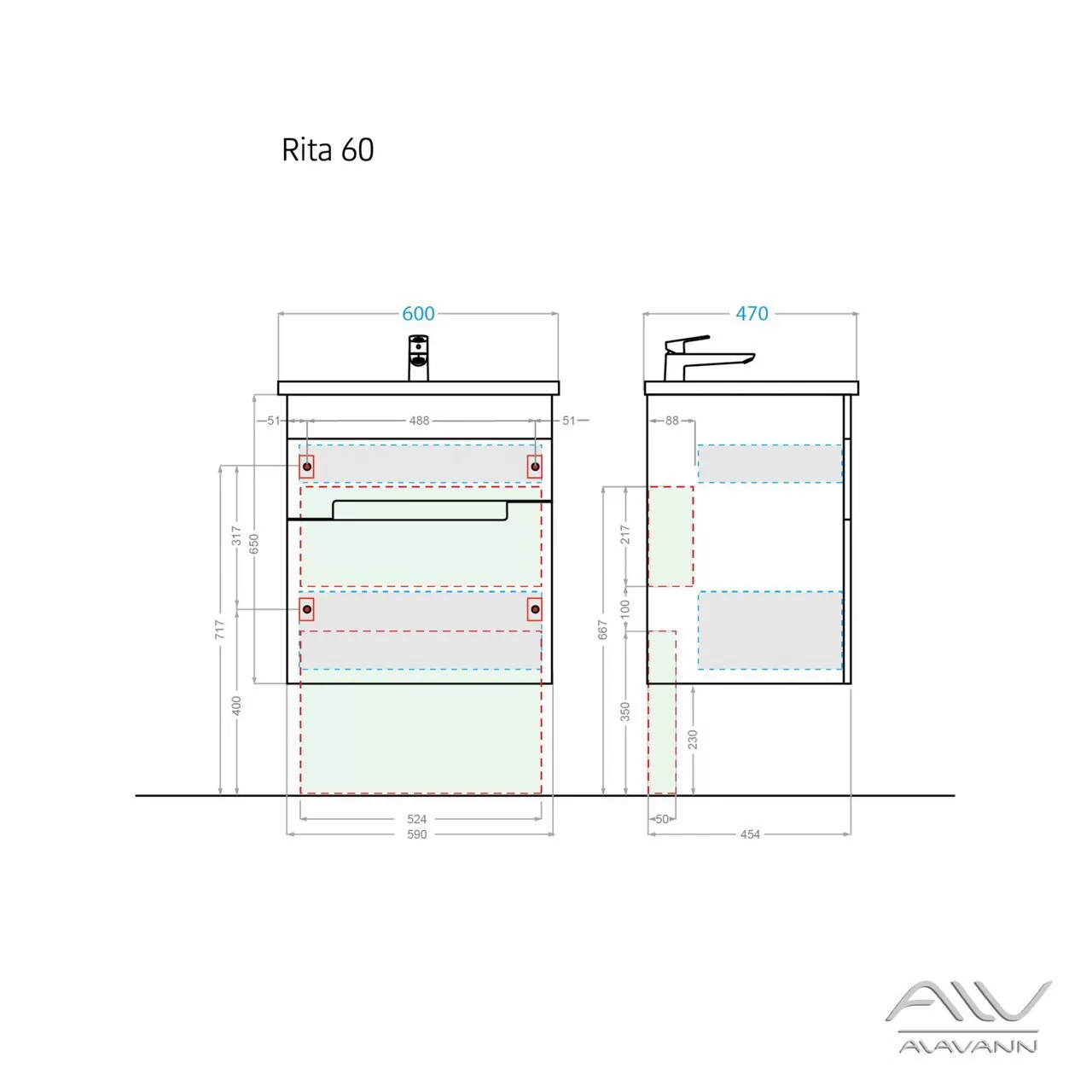 Тумба подвесная Alavann Rita 60 с раковиной Quadro 60, белый от магазина Vanna-Vanna.ru!