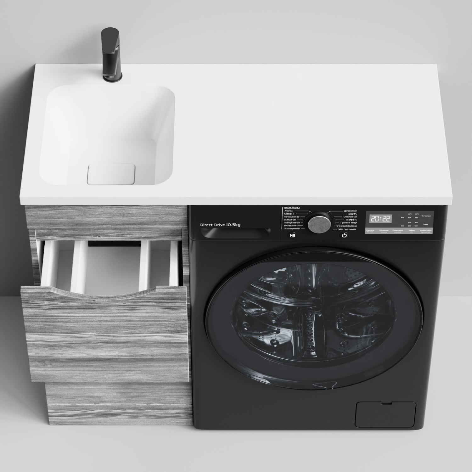 Тумба Vod-ok 38 с раковиной Смайл 100 напольная, под стиральную машину, левая, Лиственница структурная контрастно-серая