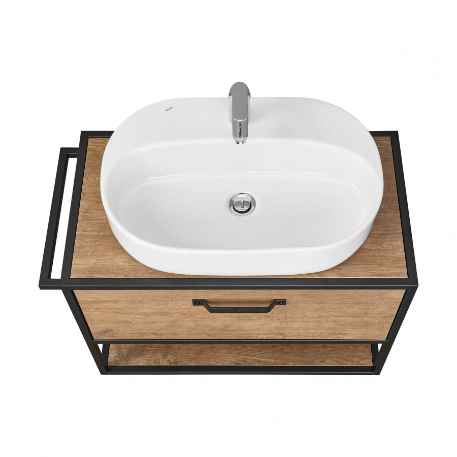 Тумба подвесная Aquaton Лофт Фабрик 80 с раковиной Одри 420x620 Round, дуб кантри