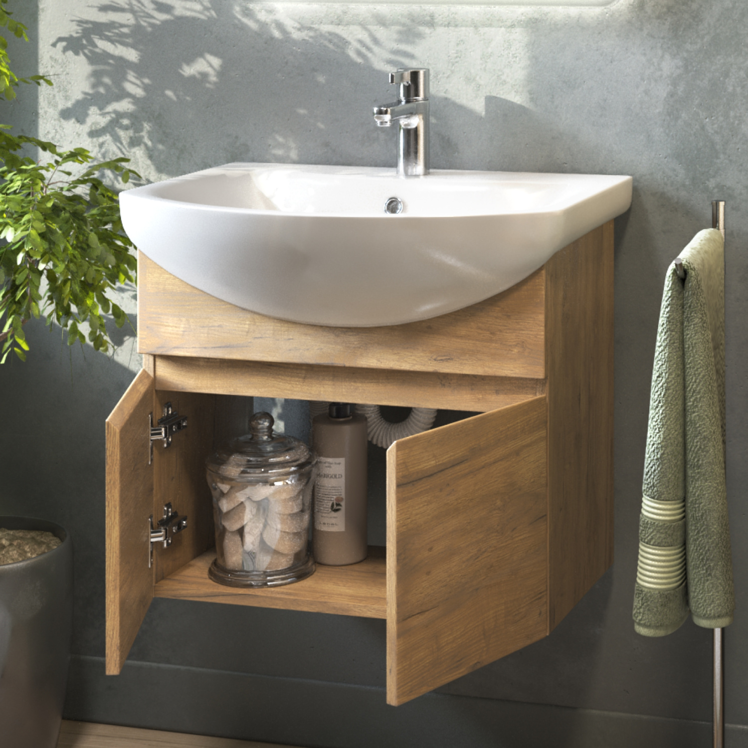 Тумба подвесная Vigo Wing 60 с раковиной Балтика 60, 2 двери, дуб золотой