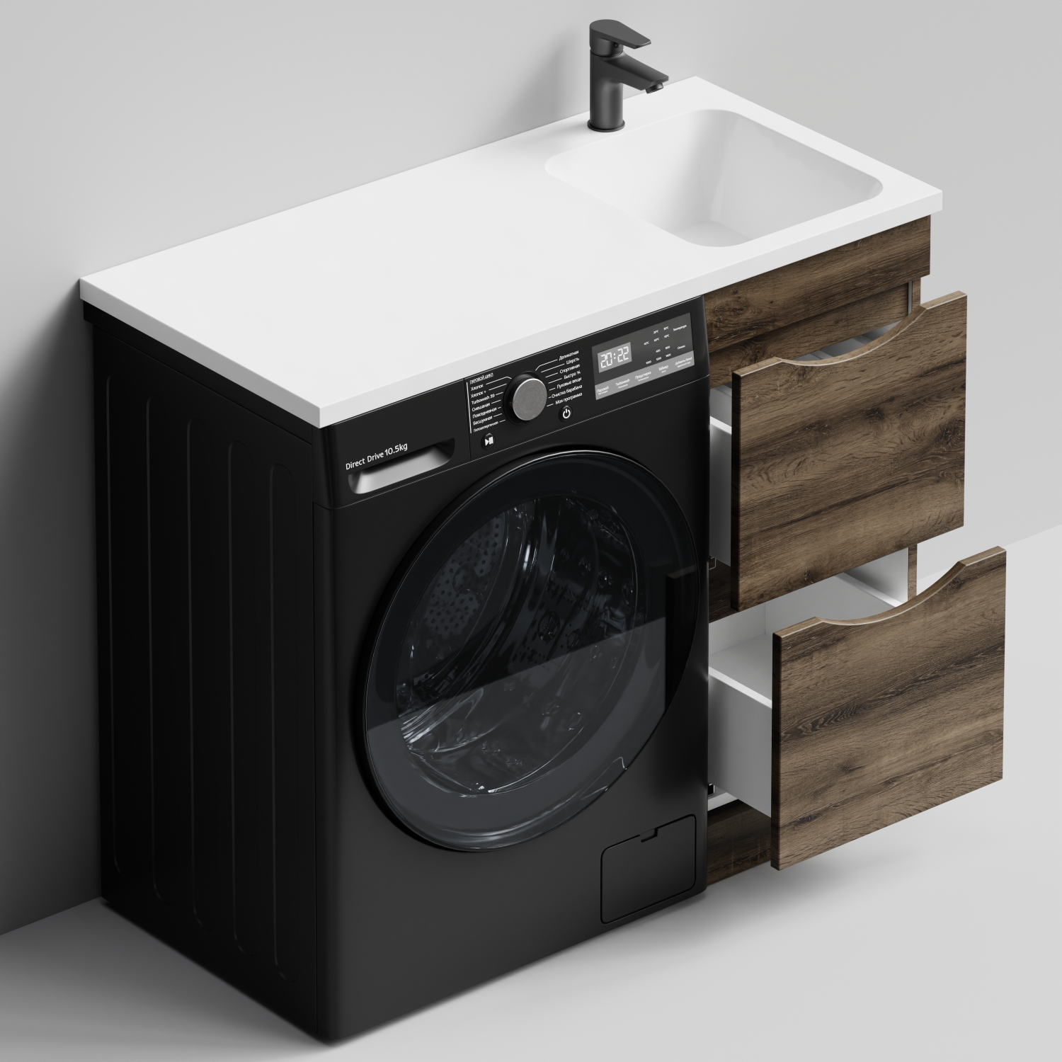 Тумба Vod-ok 38 с раковиной Смайл 100 напольная, под стиральную машину, правая, Дуб крымский коричневый