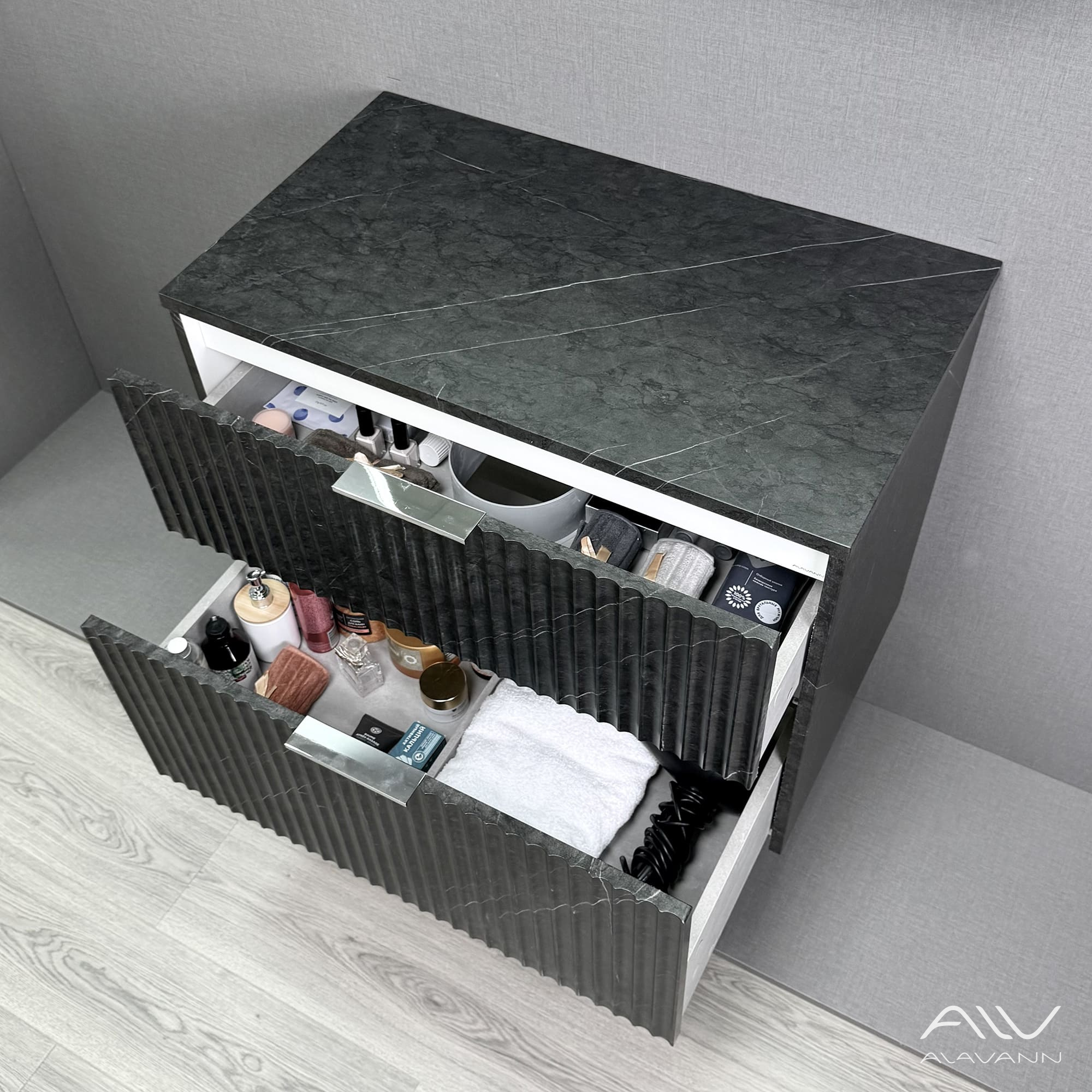 Тумба подвесная Alavann Anna 80 под накладную раковину, черный мрамор