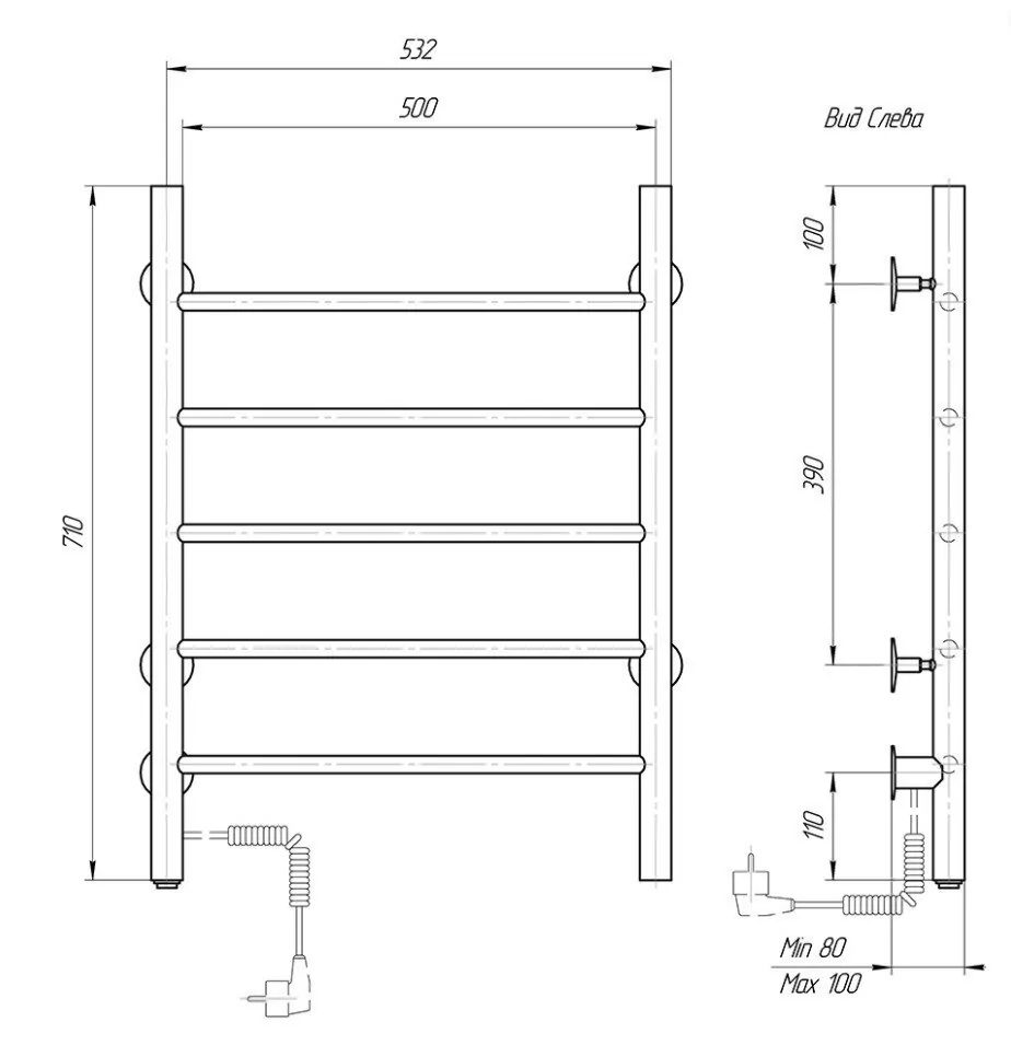Полотенцесушитель электрический Domoterm Аврора DMT 109-5 50х71 EK L левый, черный матовый