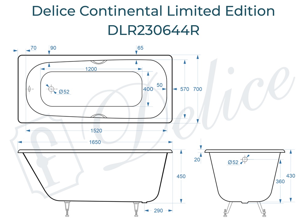 Ванна чугунная Delice Continental Limited Edition 165х70 DLR230644R с отверстиями под ручки