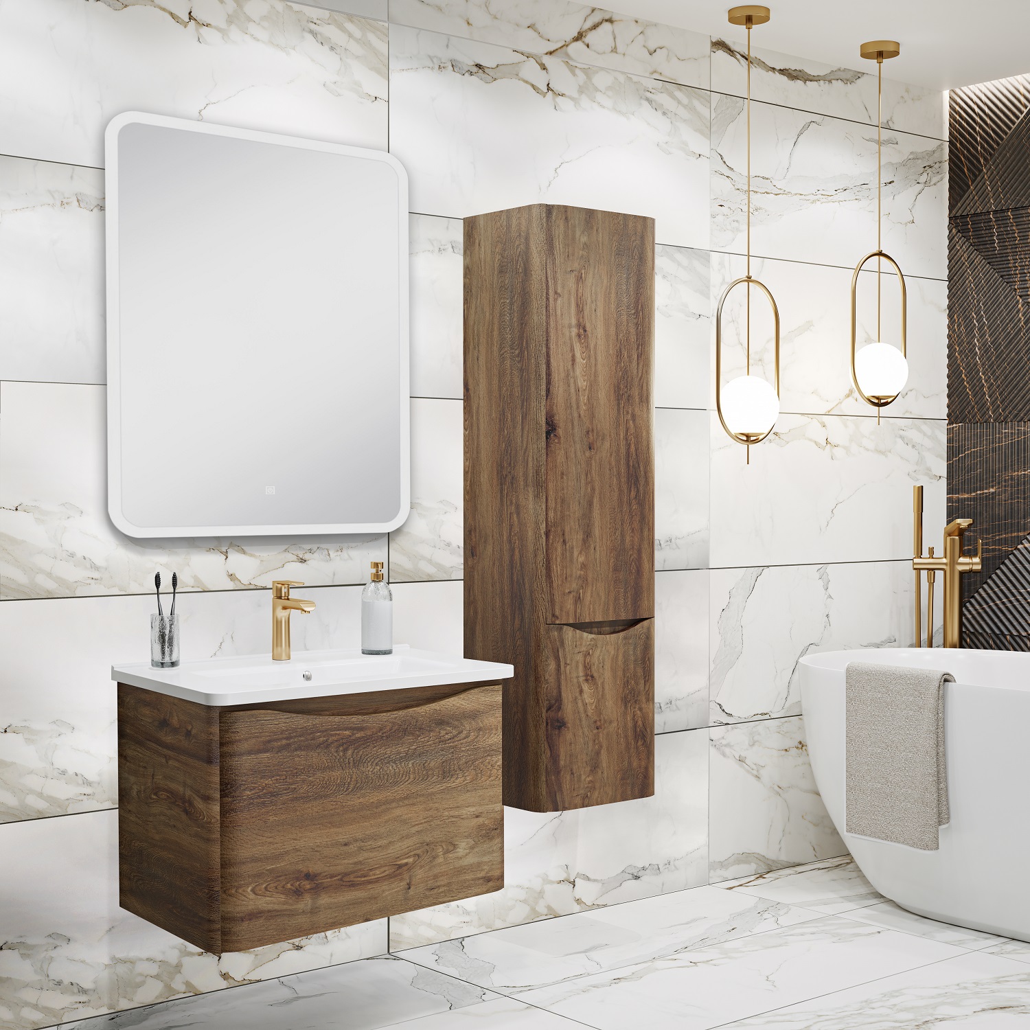 Тумба подвесная Runo Тоскана 60 с раковиной Никсон 60, темное дерево